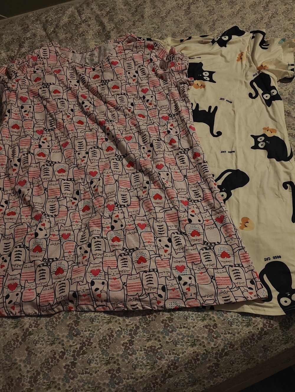 2 Women's Cat-Patterned Night Shirts, Pink And Red, Cream And Black